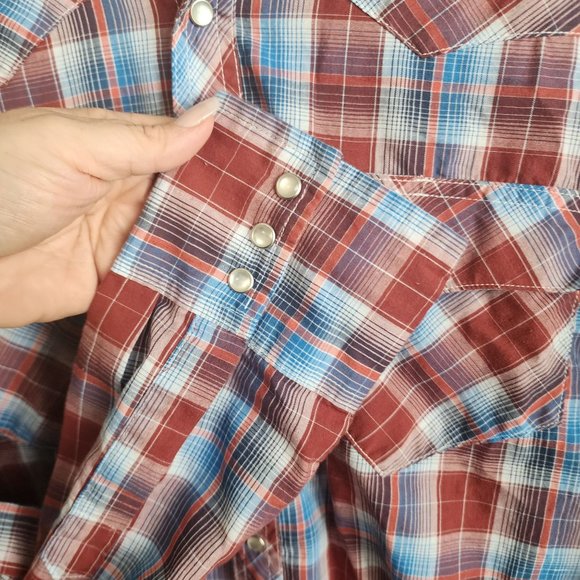 Wrangler Rancher Mens Button Shirt Red Plaid Long Sleeve Pearl Snap Size Large - Picture 3 of 9